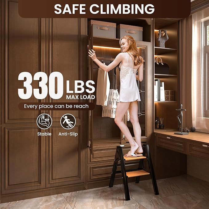 GameGem 2 Step Ladder, Aluminum Folding Step Stool with Anti-Slip Sturdy and Wide Pedal, Lightweight Portable Stepladder for Home and Kitchen Use Space Saving, 330 lbs, Black Woodgrain