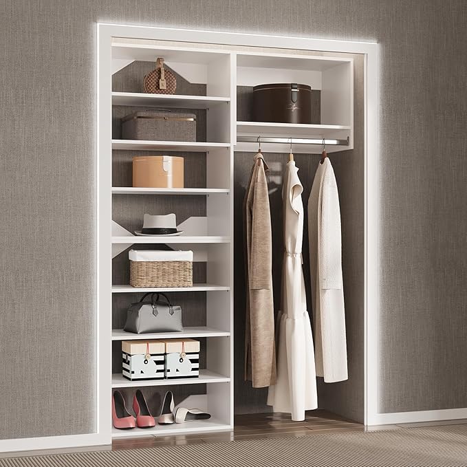 Modular Closet System, 52" Wide Organizer With Towers and Hanging, Wood Tower Storage for Walk In Closets, Wall Mounted Wardrobe Kit, Bedroom, White