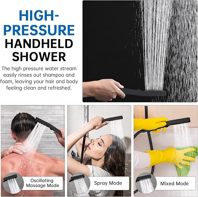 G-Promise All Metal 14 Inch Shower Head with Massage Mode Handheld, Rain Shower Head with Handheld Spray Combo, 3-Way Diverter with Pause Setting, 12 Inch Adjustable Extension Arm (Matte Black)