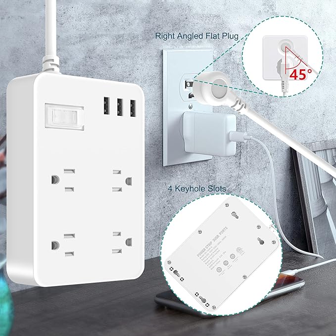 Jgstkcity Outdoor Waterproof Power Strip, 4 Flat Plug Outlets and 3 USB Ports, Mountable Weatherproof Surge Protector, Multi Outlet Extension for Camping, Garden, Kitchen, Bathroom, 6ft Cord (White)