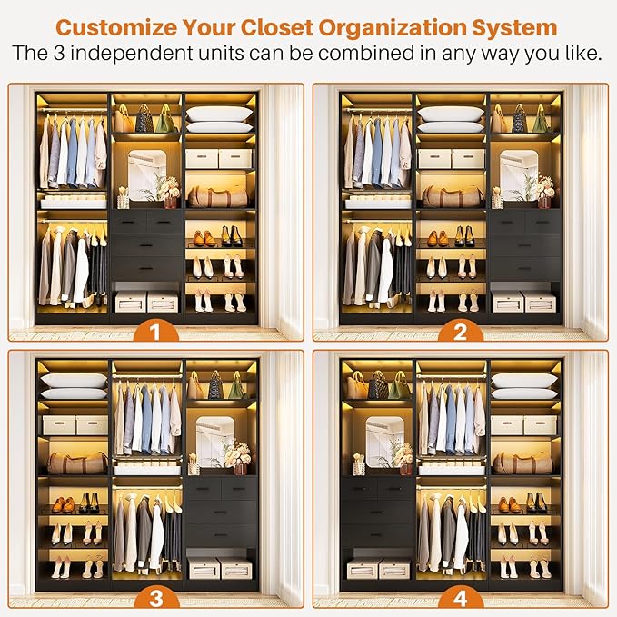 Unikito 75” Closet System with Drawers, 6.2FT Wood Closet Organizer with Hanging Rods and Mirror, Reversible Large Walk in Closets Wardrobe Garment Rack with Shoe Shelves, Max Load 2000 LBS, Black
