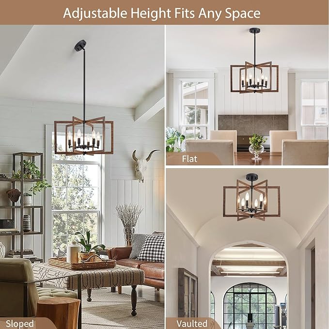 Modern Farmhouse Chandelier, 20'' Black and Wood Grain Dining Room Light Fixture, Geometric Pendant Light for Living Room Kitchen Bedroom Hallway, 6-Light Adjustable Hanging Chandelier Lamp