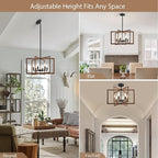 Modern Farmhouse Chandelier, 20'' Black and Wood Grain Dining Room Light Fixture, Geometric Pendant Light for Living Room Kitchen Bedroom Hallway, 6-Light Adjustable Hanging Chandelier Lamp