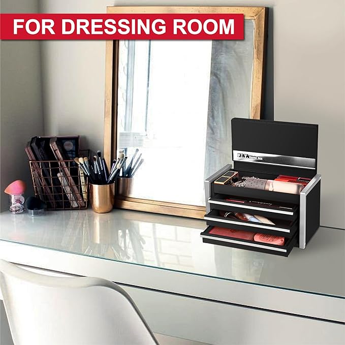 P.I.T. Mini Black Tool Box, Portable 3 Drawer Steel Stackable Tool Box with Magnetic Tab Locking, Black Micro Top Chest with Liner for Tools Storage and Organizers, Home DIY