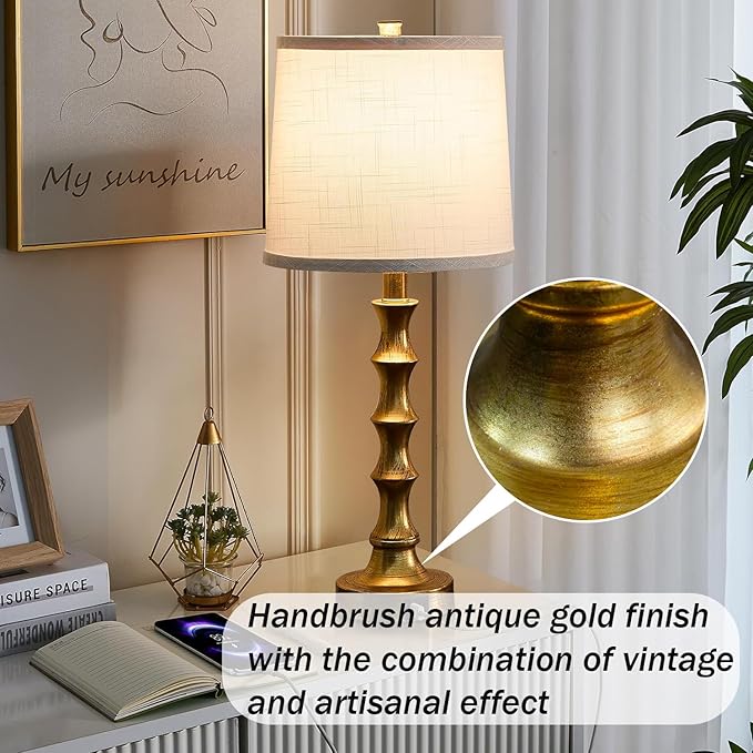 Gold Table Lamp 24" Nightstand Lamps Set of 2 Bamboo Shape Base Metal Desk Lamps with Linen White Shade Bedside Nightlight with USB A+C Ports Rustic Buffet Lamp for Living Room Bedroom