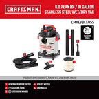 Craftsman CMXEVBE17155 10 Gallon 6.0 Peak HP Stainless Steel Wet Dry Vac, Portable Shop Vacuum Wet and Dry with Filter, Hose and Attachments for Home and Garage Use