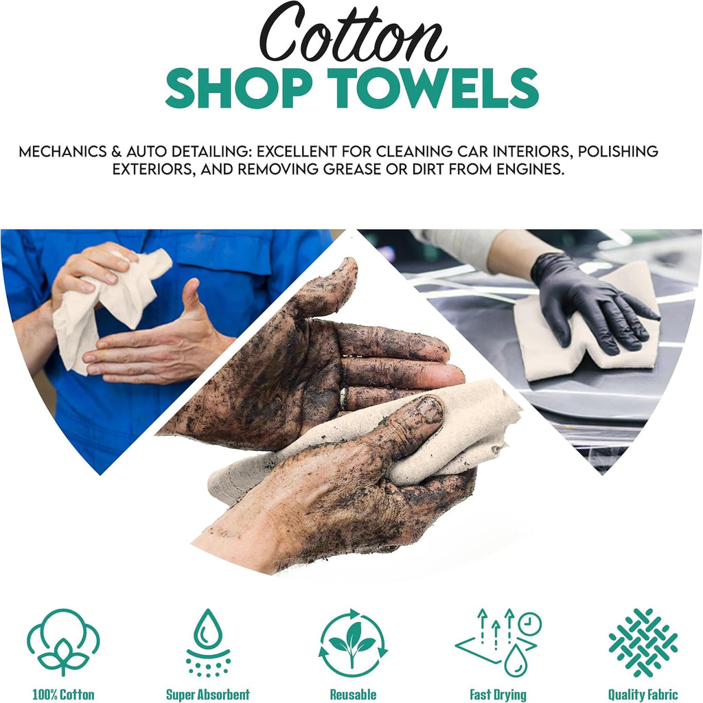 ZUPERIA Cotton Shop Towel – Multipurpose Cleaning Cloths (14" x 12" - Pack of 150 - White) Reusable Shop Rags for Automobiles, Industrial, Restaurants, Garage, and Homes