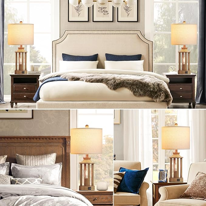 Touch Control Farmhouse Table Lamp Set of 2 with 2 USB Ports, 3 Way Dimmable Bedside Lamps with 2 LED Nightlight，Rustic Nightstand Lamps for Bedroom, Living Room Office (4 LED Bulbs Included)