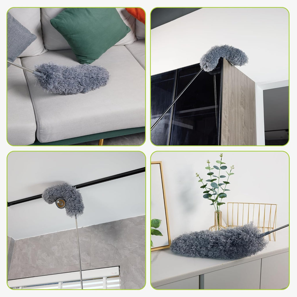 Duster with Extension Pole for Cleaning (2 Microfiber Heads Kit), 100" Long Feather Duster for High Ceilings with Washable Head, Cleaning Supplies for Housekeeping, Ceiling Fan, Furniture