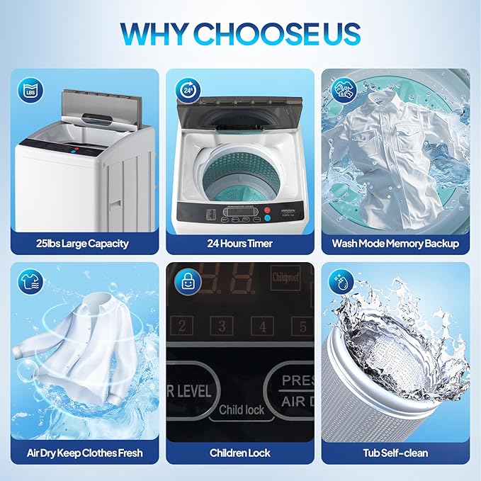 ROVSUN 25LBS Portable Washing Machine, Full-Automatic Electric Laundry Machine with Stainless Steel Drum, Compact Washer and Spin Dryer Combo with Drain Pump for Home, Apartment, Light Grey