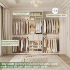 Closet System, 4.2–8.8 FT Closet Organizer with 2 Wooden Drawers and Shelves, Walk-in Closet System with 5 Hang Rods, Built-in Reach in Closet Tower, Can Fit 60 to 96 inch, Greige Oak