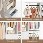 YOUDENOVA 5FT Closet System with 3 Drawers, 59 Inches Wood Closet Organizer System, Walk-in Closet Built In System Tower, Closet Wardrobe Clothes Garment Racks, White