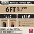 6 Foot Outdoor Extension Cord - 16/3 SJTW Black 16 Gauge Electrical Cable with 3 Prong Grounded Plug