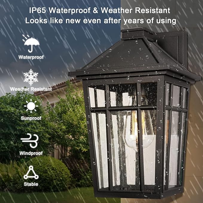 Darkaway 2pcs Outdoor Sconce Lights Wall Light Fixtures, 14inch Large Porch Light Outdoor Wall Anti-Rust Black Aluminum with Glass for Patio Yard Doorway Garage