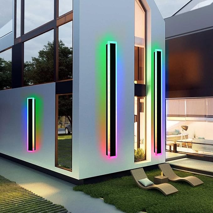 MELUCEE 2pcs 60in Long RGB Outdoor Wall Light Fixture, 5.1in Wide Dimmable Exterior Wall Lights IP65 Waterproof for Garage and Front Door, Long Outdoor Wall Sconce Black LED Outdoor Entrance Lighting