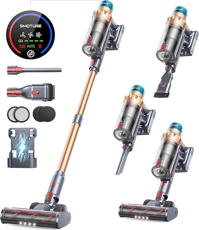 Cordless Vacuum Cleaner, 600W 50KPA 65 Mins Runtime Self-Standing Vacuum Cleaners for Home, Stick Vacuum with Charging Dock Station Removable Battery, Handheld Vacuum for Pet Hair/Carpet/Floor