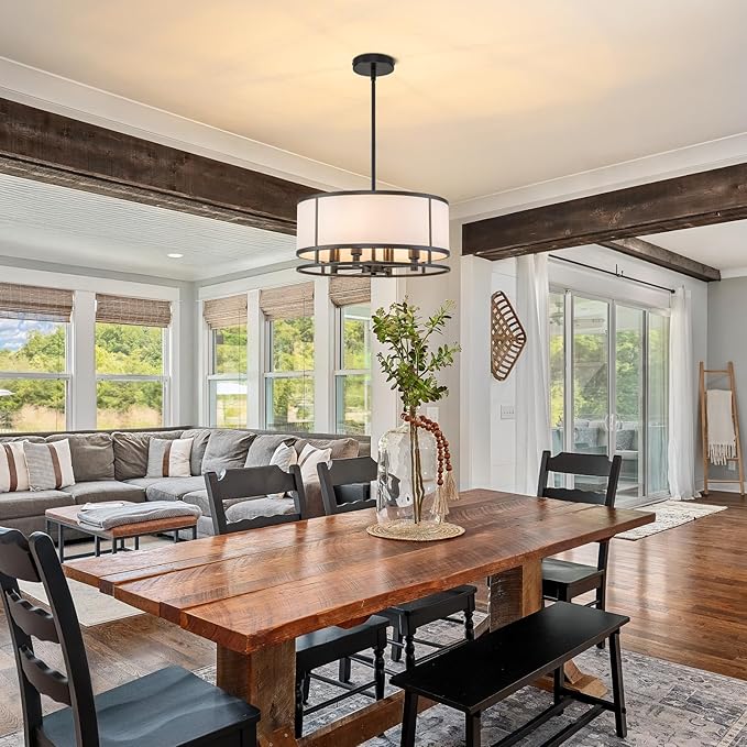 15.7 Inch Drum Dining Room Light Fixture Over Table, Modern Fabric Chandeliers Pendant Light for Dining Room,for Kitchen,Entryway,Living Room