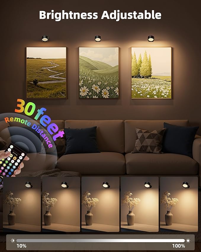 Wall Mounted Lights, 2 Pack Rechargeable RGB Color Changing Light, 3 Color Temps & Remote and Touch, 360°Rotation Dimmable Cordless for Study Bedroom Reading Bedside (Black)