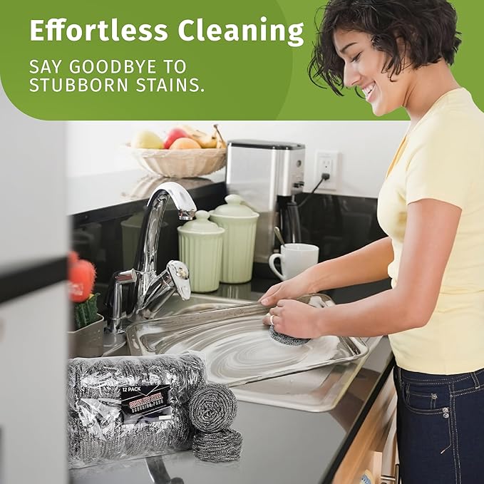 Brheez Stainless Steel Cleaner Scouring Pads [12 Pack] - Industrial & Commercial Strength Large Cleaning Supplies Dish Sponge - Individually Wrapped 80 Gram