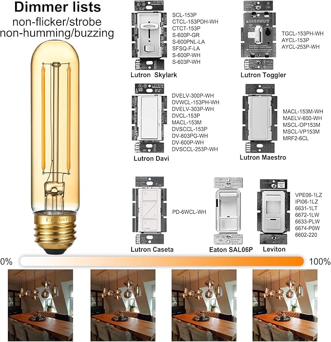 LiteHistory Dimmable T10 LED Bulb 4W Equal E26 Edison Bulb 40 Watt AC120V Tubular Light Bulb Warm White 2200K Amber 250lm E26 LED Bulb for Rustic Pendant,Chandeliers,Wall sconces E26 Light Bulbs 6Pack