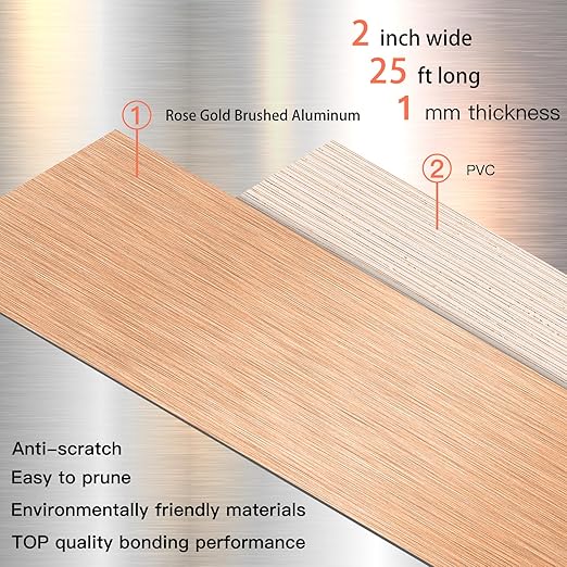 GSCIT Club Rose Gold Edge Banding, 2 Inch x 25ft Aluminum Brushed Edge Banding PVC Edge Trim for Cabinet Repair Furniture