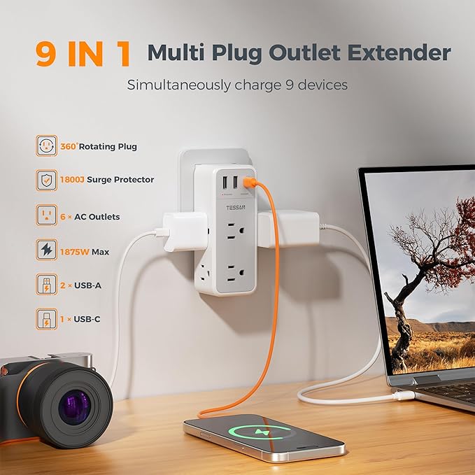 Multi Plug Wall Outlet Splitter with 360 Rotating Plug, TESSAN 1800J Surge Protector Outlet Extender with 6 AC and 3 USB Ports (1 USB C), 1875W, 3 Sided Plug Expander for Home Office Dorm Room