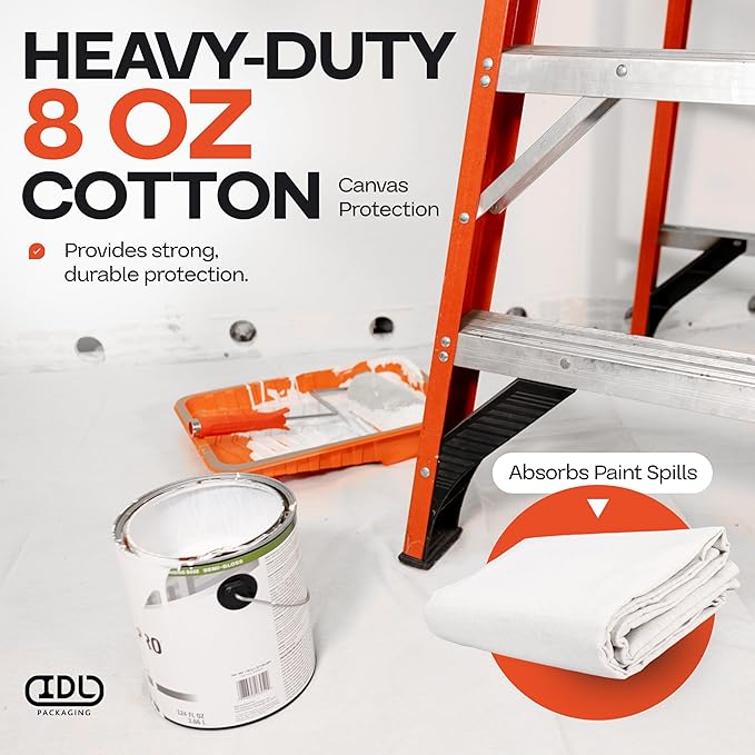 Canvas Drop Cloths 4' x 12', Pack of 6 - Reusable & Eco-Friendly Painters Drop Cloth for Furniture, Surfaces & Floor Protection - 100% Recycled Cotton Canvas Tarp for Home Renovation by IDL Packaging