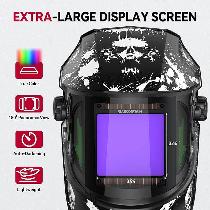 ARCCAPTAIN Auto Darkening Welding Helmet with Side View, 180° Panoramic View, 1/1/1/1 True Color Large Viewing Welding Hood with 4 Arc Sensor Solar Powered, Wide Shade 4/5-9/9-13 for TIG MIG ARC CUT