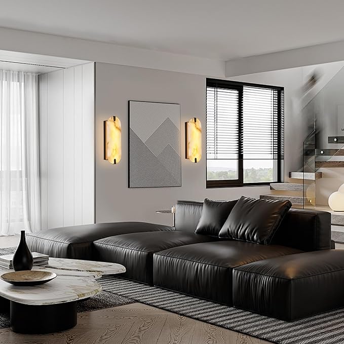 14.17in Alabaster Wall Sconces, Natural Marble Wall Light, Modern LED Alabaster Sconces for Living Room Indoor Wall Lamps for Dining Room Stairs Bedroom,Black