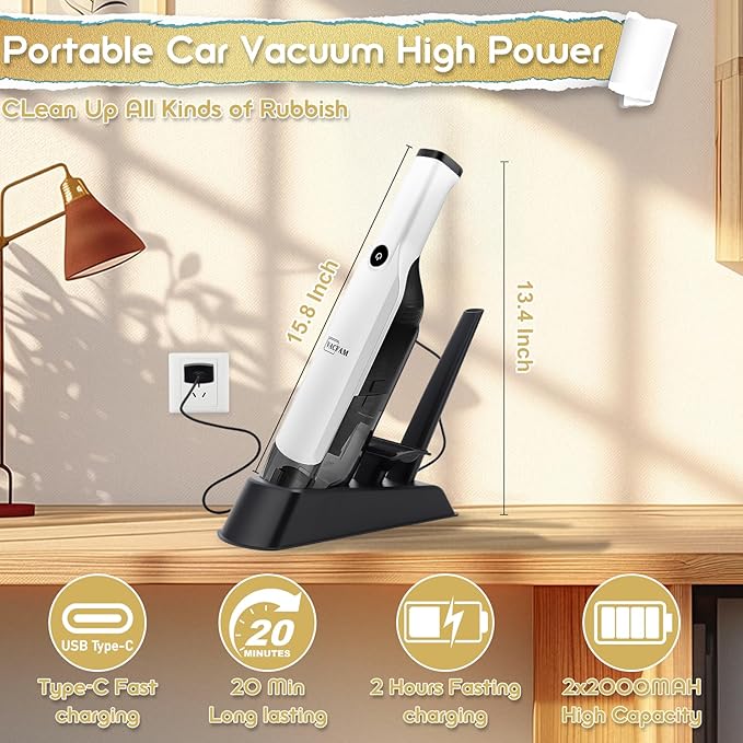 Handheld Vacuum Cordless,15KPA High Power Suction,USB Quick Charge,Car Vacuum Cleaner with Storage Dock,Lightweight Rechargeable Dust Buster with Crevice Tool Pet Brush Hand Vac for Home,White