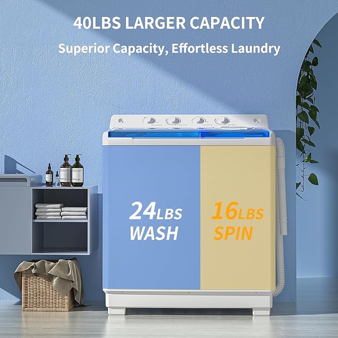 Zynkez Portable Washing Machine, 40Lbs Compact Washing machine, Twin Tub Laundry Washer Machine with Built-in Drain Pump, Semi-Automatic 24Lbs Washer and 16Lbs Spinner Combo for Apartments, Dorms, RVs