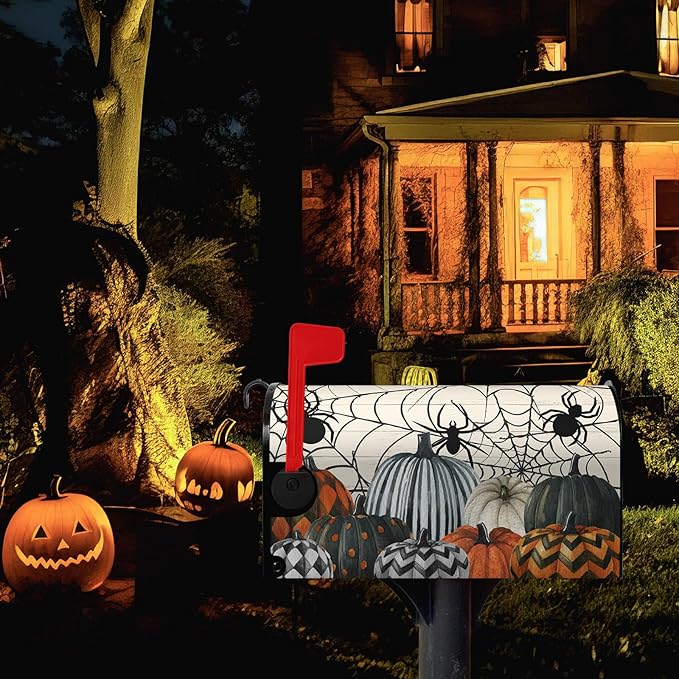 Halloween Magnetic Mailbox Covers Fall Pumpkin Spiders Mailbox Cover Spooky Halloween Mail Box Post Cover Standard Size 21X 18 Inch Seasonal Decorations for Outdoor Garden Yard