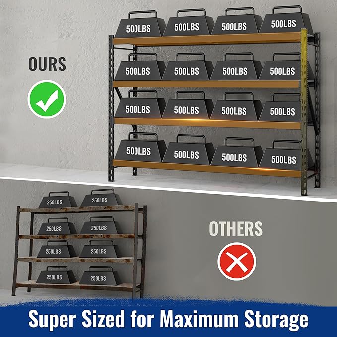 WORKPRO 8000LBS Storage Shelves, 77" Extra-Wide Garage Shelving, Heavy-Duty Metal Shelving Unit, Adjustable 4-Tier Garage Storage Rack for Warehouse, Basement,77" W X 24" D X 72" H, Black