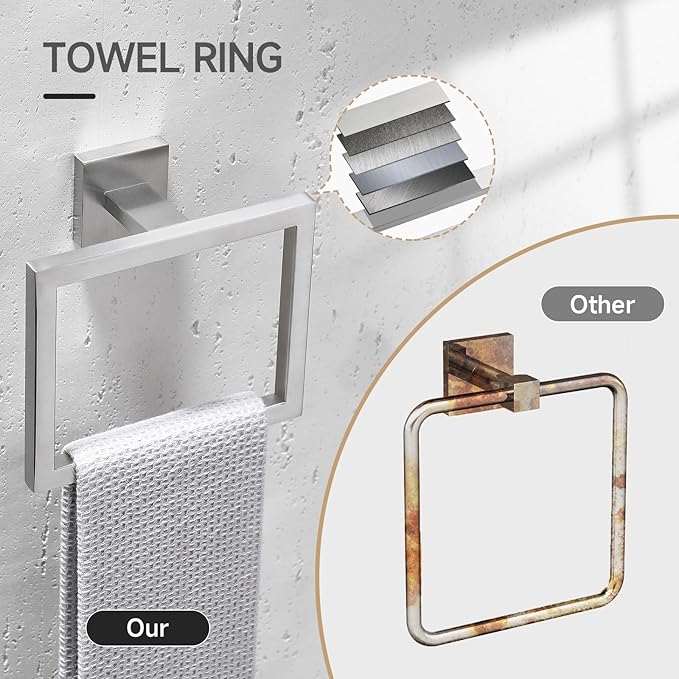 TQKAG Brushed Nickel Bathroom Hardware Accessories Set 10 Pieces, 23.6" SUS304 Stainless Steel Towel Bar Set Wall Mounted Includes Single Towel Bar, Towel Ring, Toilet Paper Holder, Double Towel Hooks