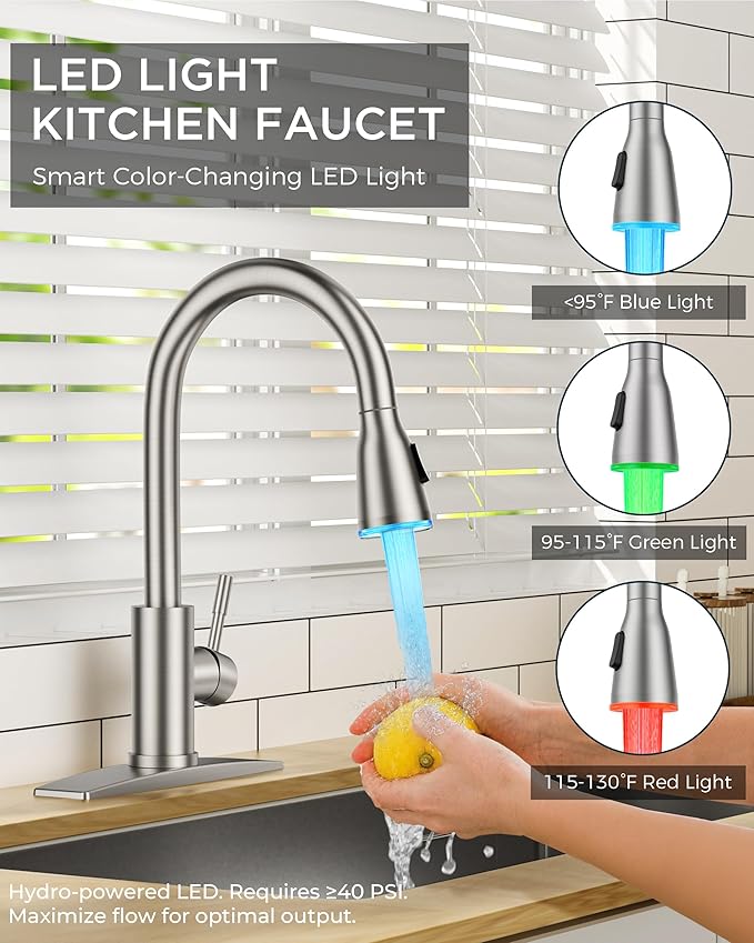 FORIOUS LED Kitchen Faucet with Pull Down Sprayer, Brushed Nicke Single Handle Stainless Steel Traditional Sink Faucets with LED Light Sprayer Head, Suitable for Farmhouse Laundry Camper Rv Bar