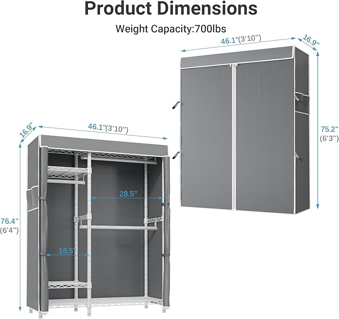 VIPEK V2C Heavy Duty Clothes Rack with Upgraded Polyester Cover, Metal Portable Closet with Adjustable Shelves & Hanging Rods, Freestanding Wardrobe Closet for Bedroom, Max Load 700LBS