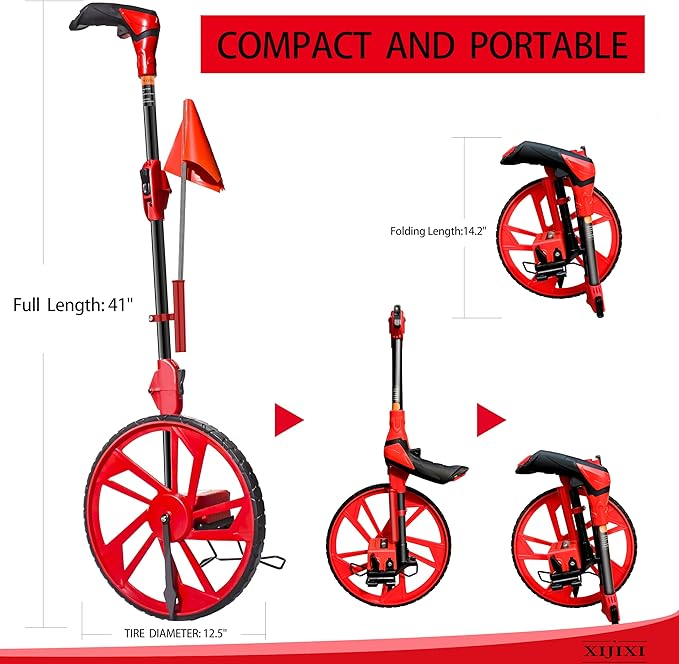 Distance Measuring Wheel in feet,Measure Wheel,Collapsible Rolling Measurement Wheel,12.5”Diameter Wheel,With One key to Zero,Upgrade Flag Holder,With 10 Survey Flags(Red）