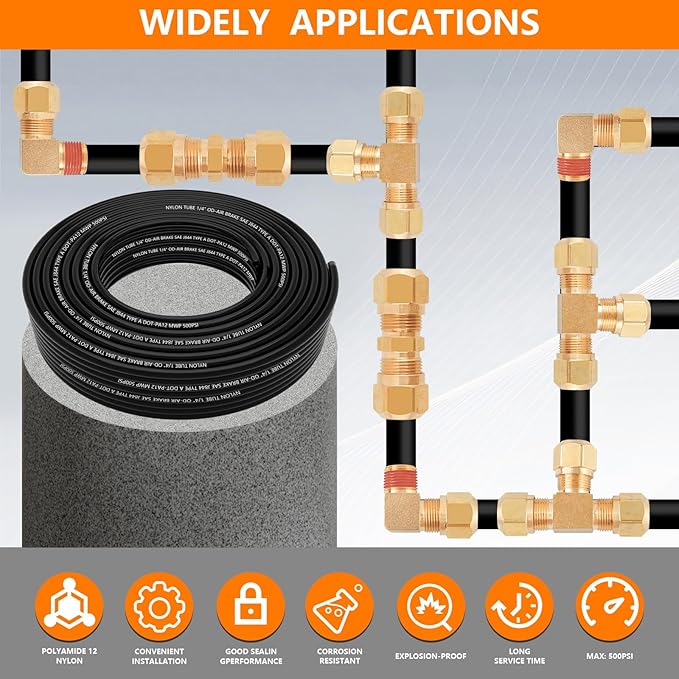 111 PCS Brass DOT Air Line Fittings with 100FT 1/4" DOT Air Line Kit Quick Connect 1/4" 1/8" 3/8" 1/2" NPT Thread Fittings with Pneumatic Tubing Set for Semi Truck Trailer or Industrial Air System