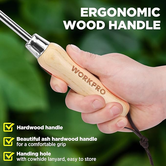 WORKPRO Dandelion Weeder Puller Tool with Wood Handle, Polished Stainless Steel Garden Weed Remover Tool, Two-Pronged Fork Weeder Tool for Lawn Farmland Transplant Gardening Plant Tool