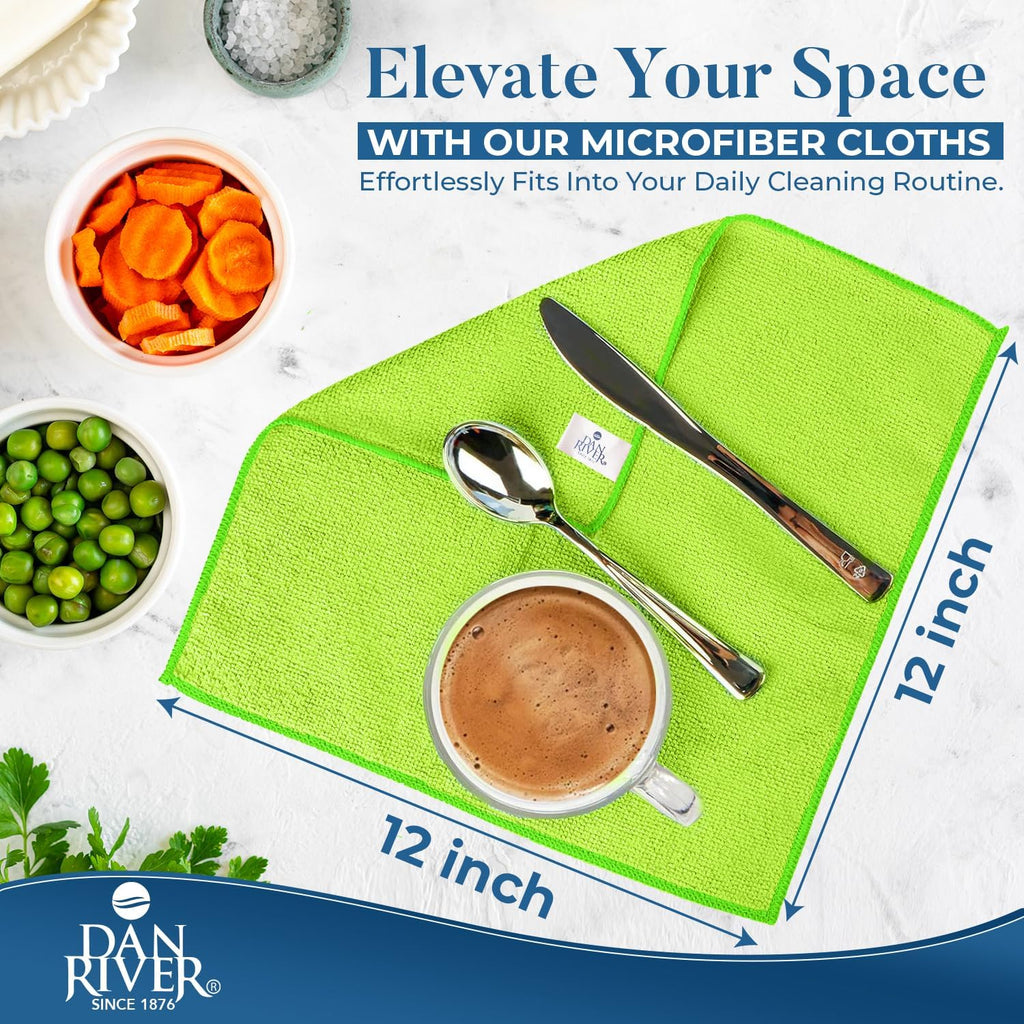 DAN RIVER 12-Pack Green Microfiber Towels – Ultra Absorbent, Lint-Free & Streak-Free Terry Cloth Rags for Home, Car & Kitchen - Must-Have Cleaning Essentials - 12" x 12"