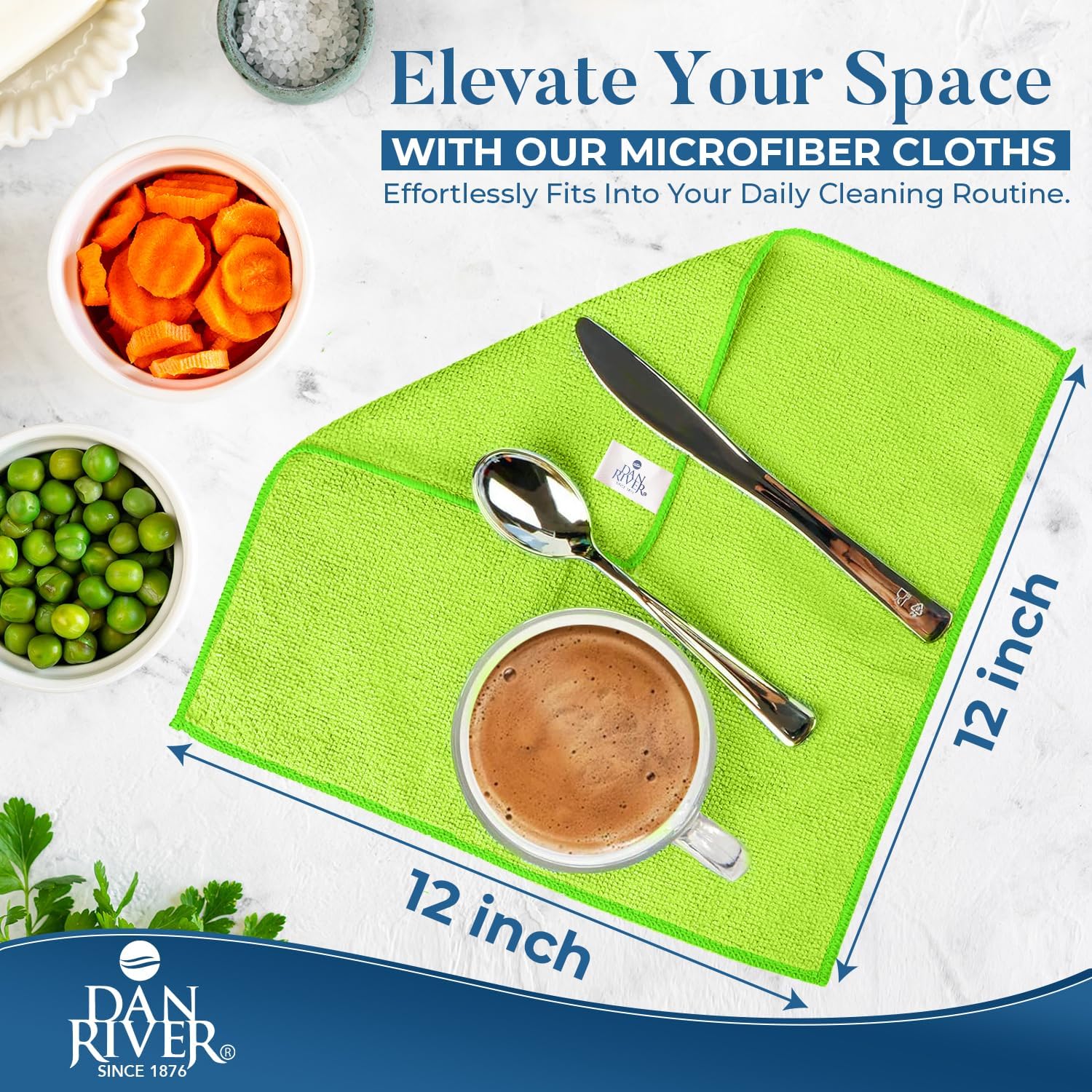 DAN RIVER 12-Pack Green Microfiber Towels – Ultra Absorbent, Lint-Free & Streak-Free Terry Cloth Rags for Home, Car & Kitchen - Must-Have Cleaning Essentials - 12" x 12"