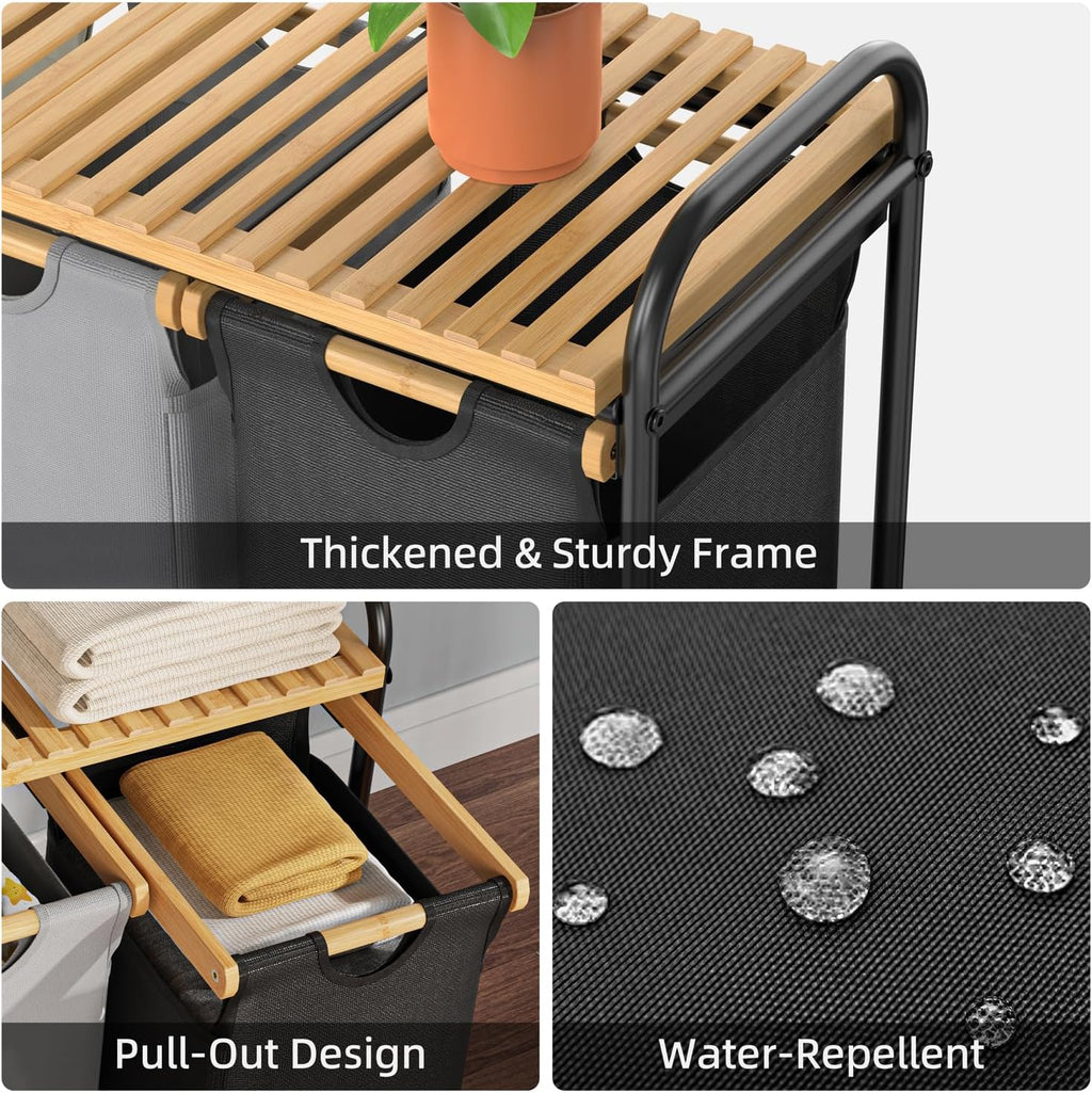 Laundry Hampers 3 Section, Laundry Sorter with Removable Shelf and Pull-Out Bags, Clothes Hampers with Wheels Rolling Cart Basket for Laundry Room Bathroom, 3 x 40 L (Black White Gray)