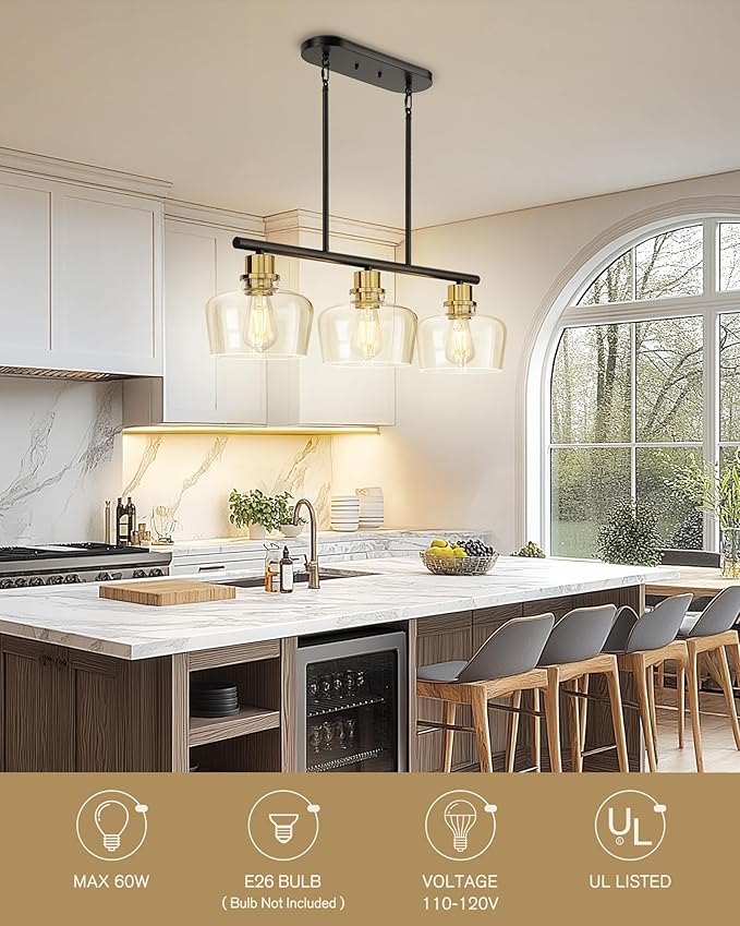 Emak Black and Gold Dining Room Light Fixture, Modern 32 Inch Kitchen Island Lighting with Clear Glass Shade, Farmhouse 3-Light Kitchen Pendant Lighting Over Island, Table, IL122-BKBGD-CG-3