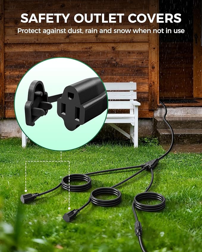 28Ft Outdoor Extension Cord, 1 to 3 Splitter Heavy Duty Weatherproof Power Cord, 16/3 SJTW, 3 Grounded Outlets Flat Plug for Patio, Garden, Halloween Displays, Christmas Lights ﻿