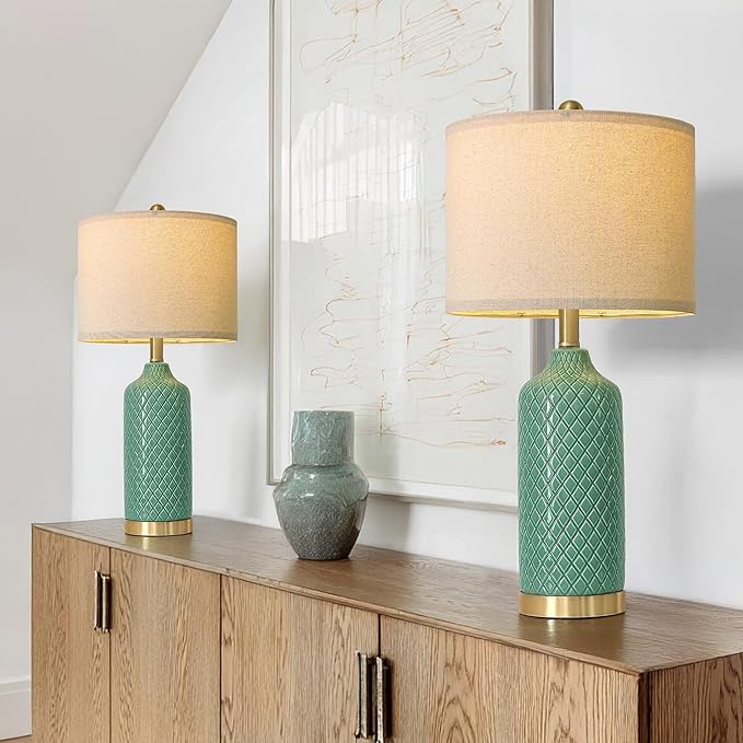 G-SAFAVA24.25 Modern Ceramic Green Table Lamps Set of 2 for Living Room, Farmhouse, Bedside, Bedroom, Side & End Tables Nightstand Light Home Office Desk Lamps Gifts