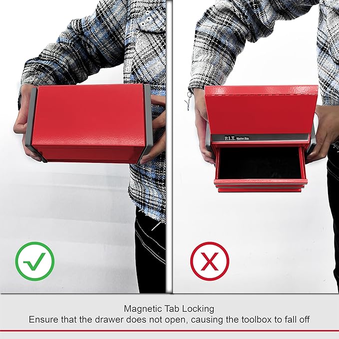 P.I.T. Mini Red Tool Box, Portable 3 Drawer Steel Stackable Tool Box with Magnetic Tab Locking, Red Micro Top Chest with Liner for Tools Storage and Organizers, Home DIY