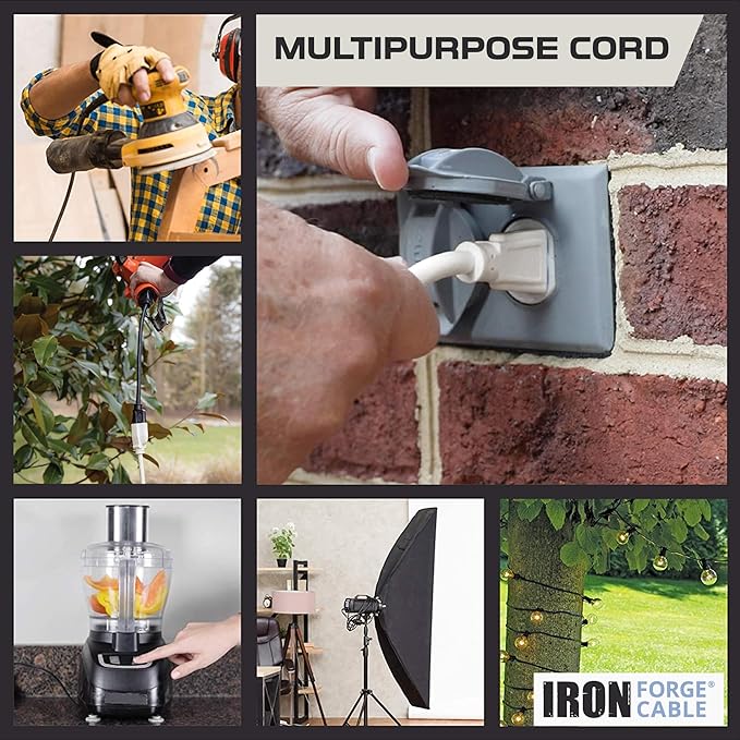 Iron Forge Cable Weatherproof 50 Ft Outdoor Extension Cord - 16/3 SJTW Heavy Duty Beige Extension Cord 3 Prong - 13 Amp Exterior Power Cable