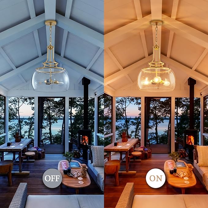 Industrial Round Chandelier Rustic Ceiling Light Fixture 3-Light Farmhouse Pendant Light with Seeded Glass Shade for Dining Room Hallway Entryway Kitchen Bedroom, Gold