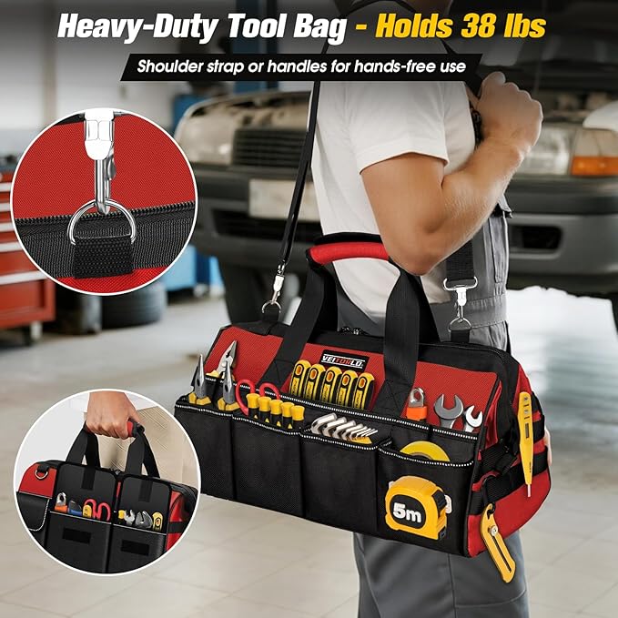 16-Inch Heavy Duty Tool Bag, 19-Pockets Tool Box Organizer, Portable Toolbag W/Soft Handle for Organized Storage, Mechanic Gifts for Men Dad Husband Him Christmas, Wide Mouth Toolbox Organization, Red
