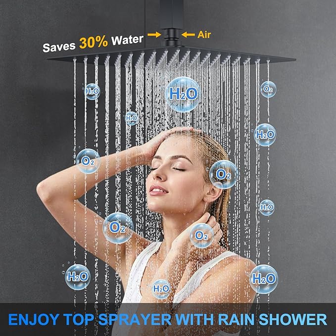 Shower Faucet Set, 10" Ceiling Mount Rainfall Shower System with 10'' Top Head+6'' Side Head and Multi-function Handheld Head Push Button Diverter Shower Faucet Trim Kit Matte Black